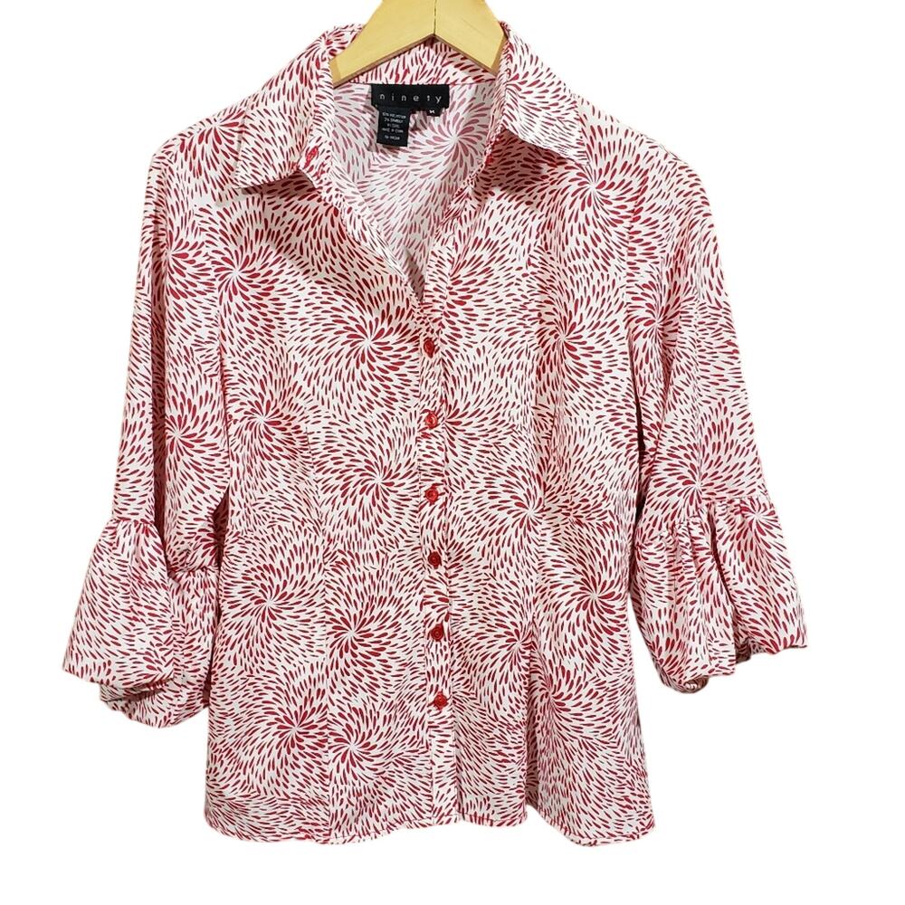 Ninety button up bubble hem sleeve spiral‎ pattern printed blouse woman's size M